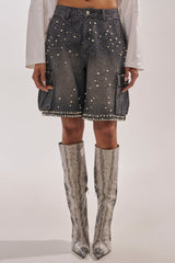 BLINGED OUT CARGO SHORTS IN BLACK