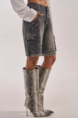 BLINGED OUT CARGO SHORTS IN BLACK