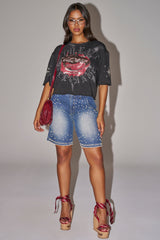 BLINGED OUT CARGO SHORTS IN MEDIUM BLUE DENIM