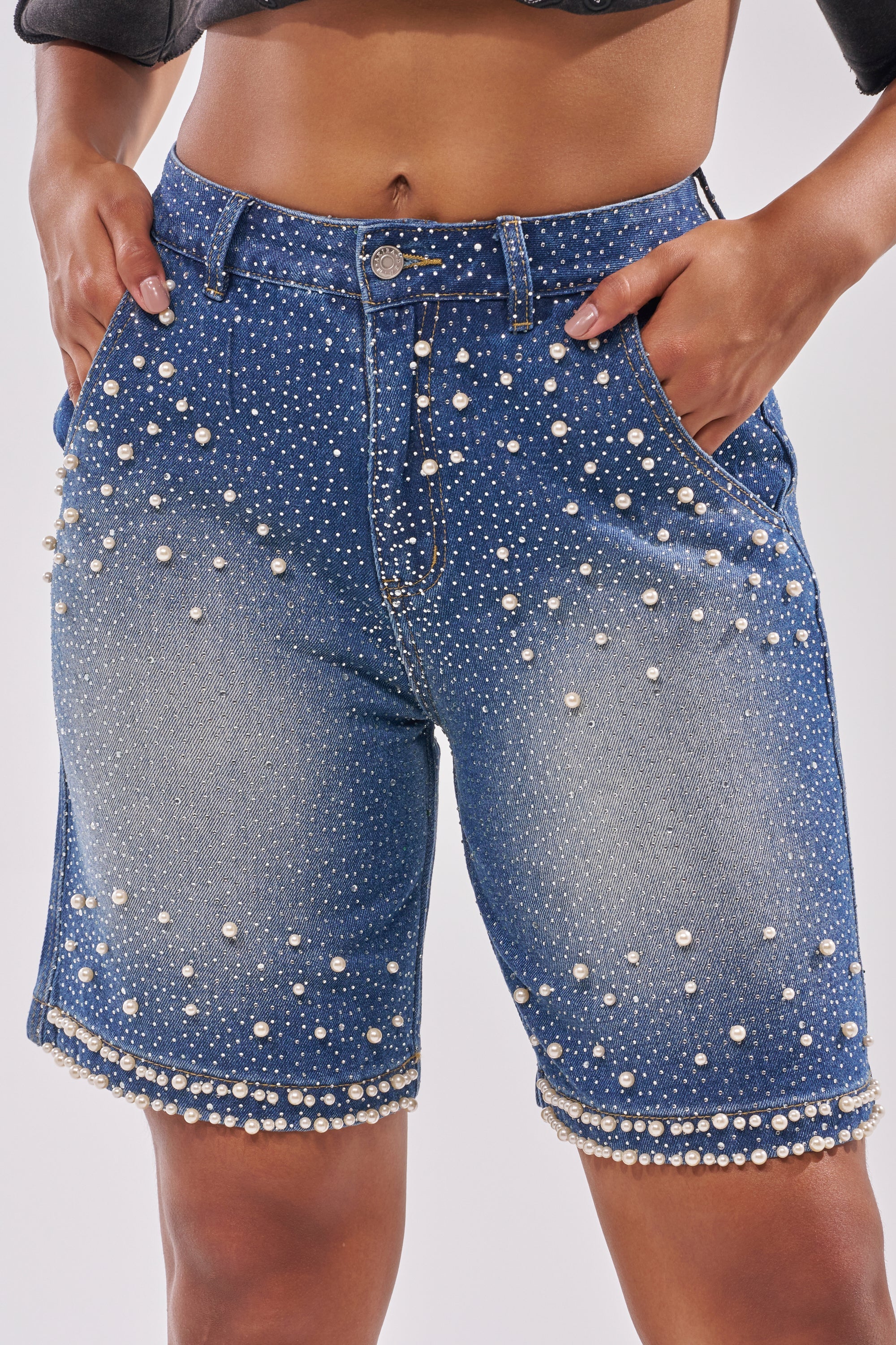 BLINGED OUT CARGO SHORTS IN MEDIUM BLUE DENIM