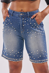 BLINGED OUT CARGO SHORTS IN MEDIUM BLUE DENIM