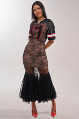 LAYUP LACE JERSEY MIDI DRESS IN BLACK