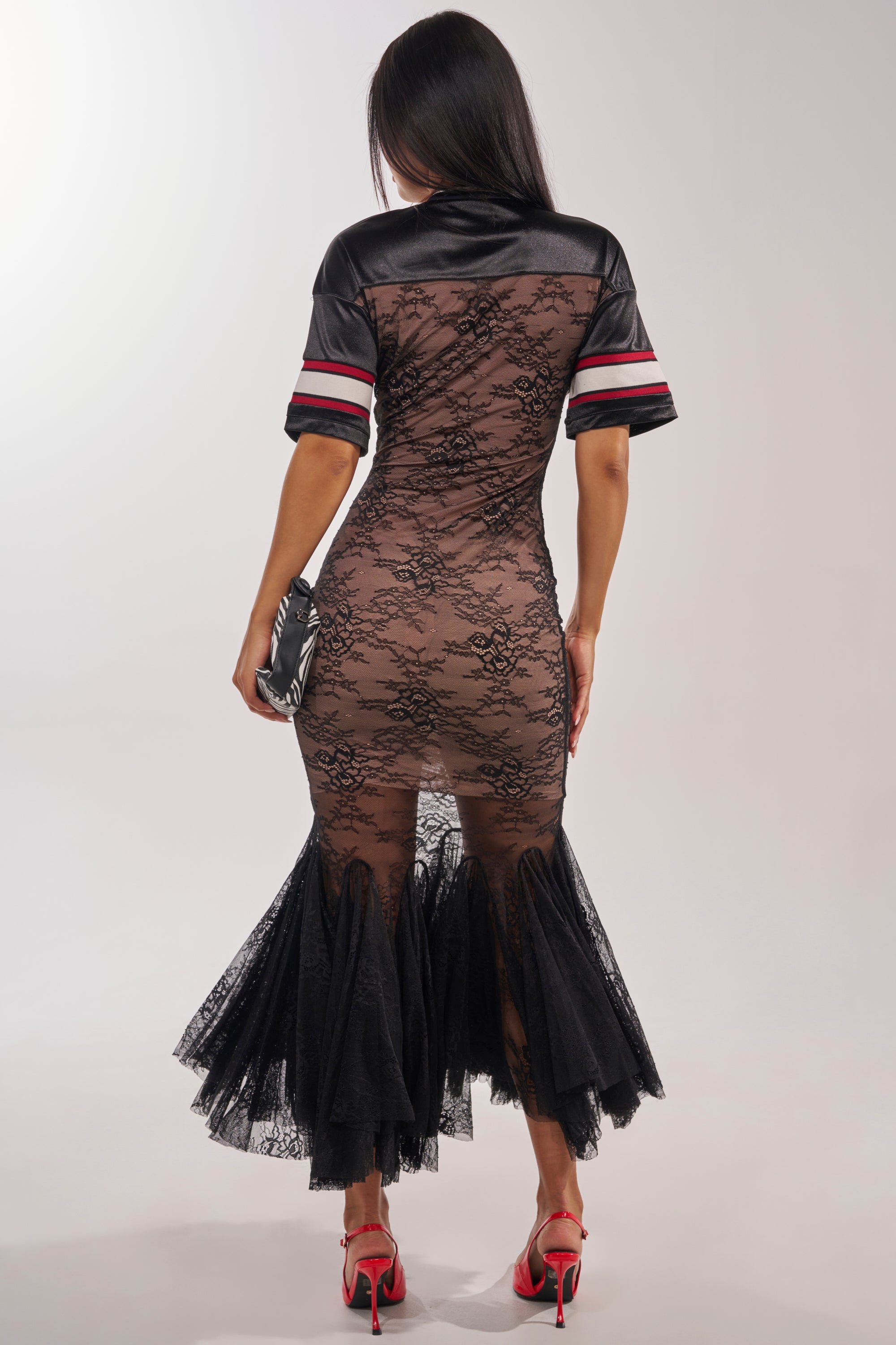 LAYUP LACE JERSEY MIDI DRESS IN BLACK