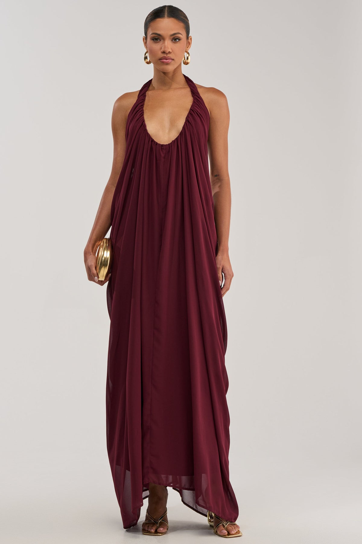 RAMONA PLEATED MAXI DRESS IN BURGUNDY