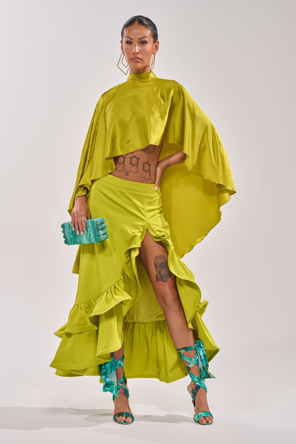 LADY LUXE RUCHED MIDI SKIRT WITH HIGH SLIT