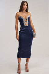FEELIN THE LOVE RHINESTONE SATIN MIDI DRESS IN NAVY
