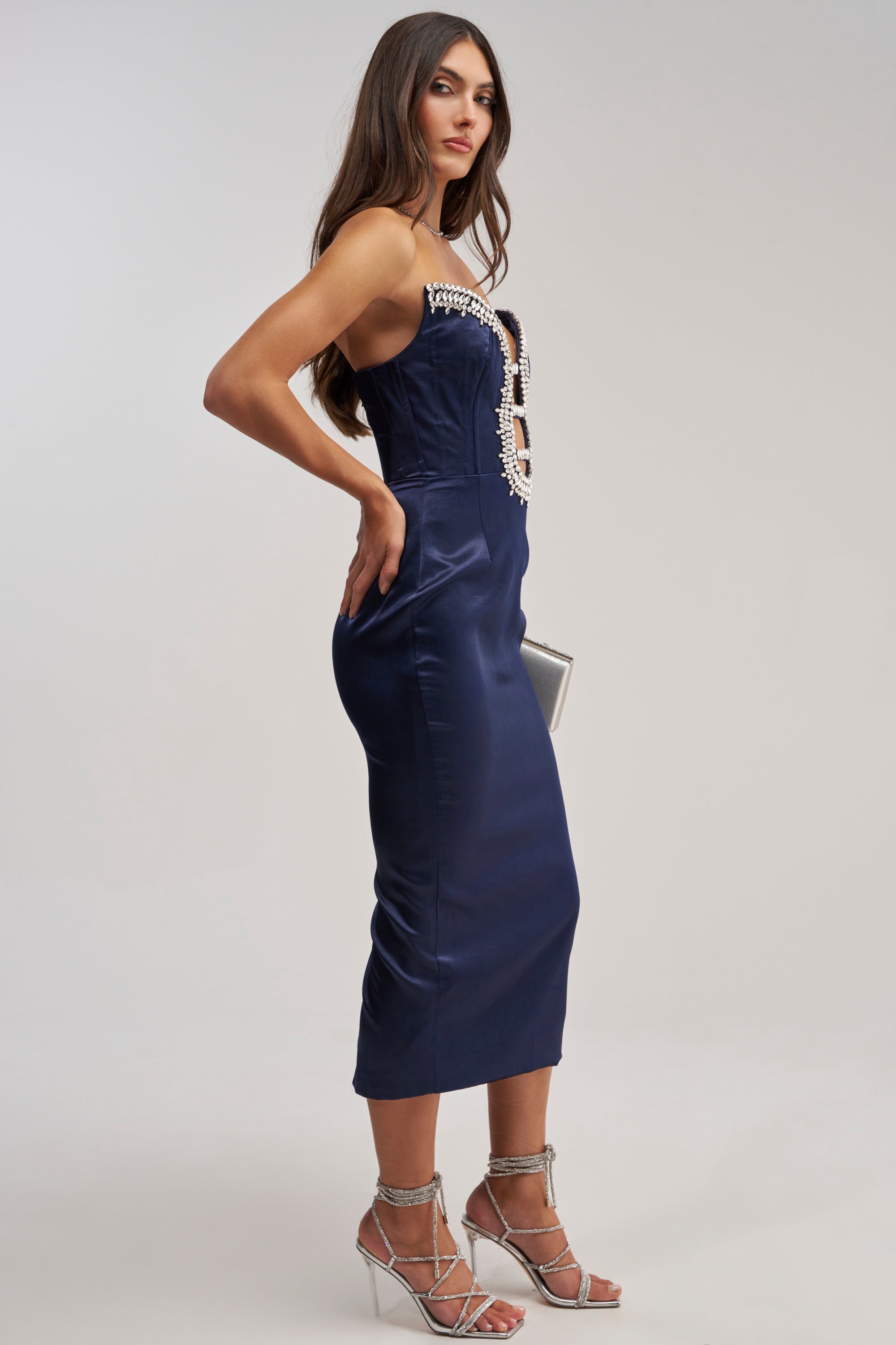 FEELIN THE LOVE RHINESTONE SATIN MIDI DRESS IN NAVY