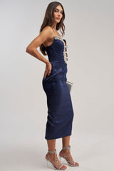 FEELIN THE LOVE RHINESTONE SATIN MIDI DRESS IN NAVY