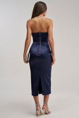 FEELIN THE LOVE RHINESTONE SATIN MIDI DRESS IN NAVY
