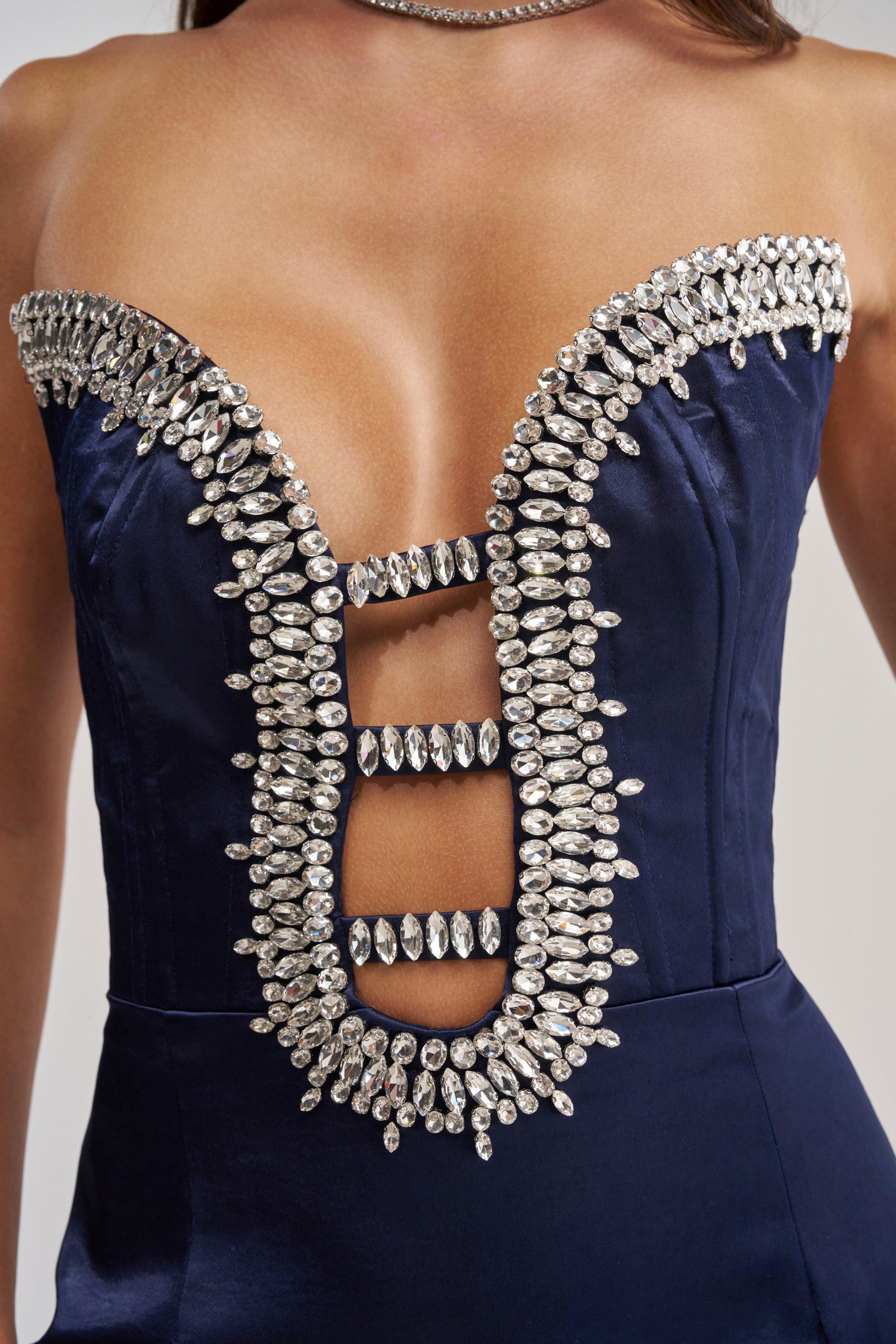FEELIN THE LOVE RHINESTONE SATIN MIDI DRESS IN NAVY