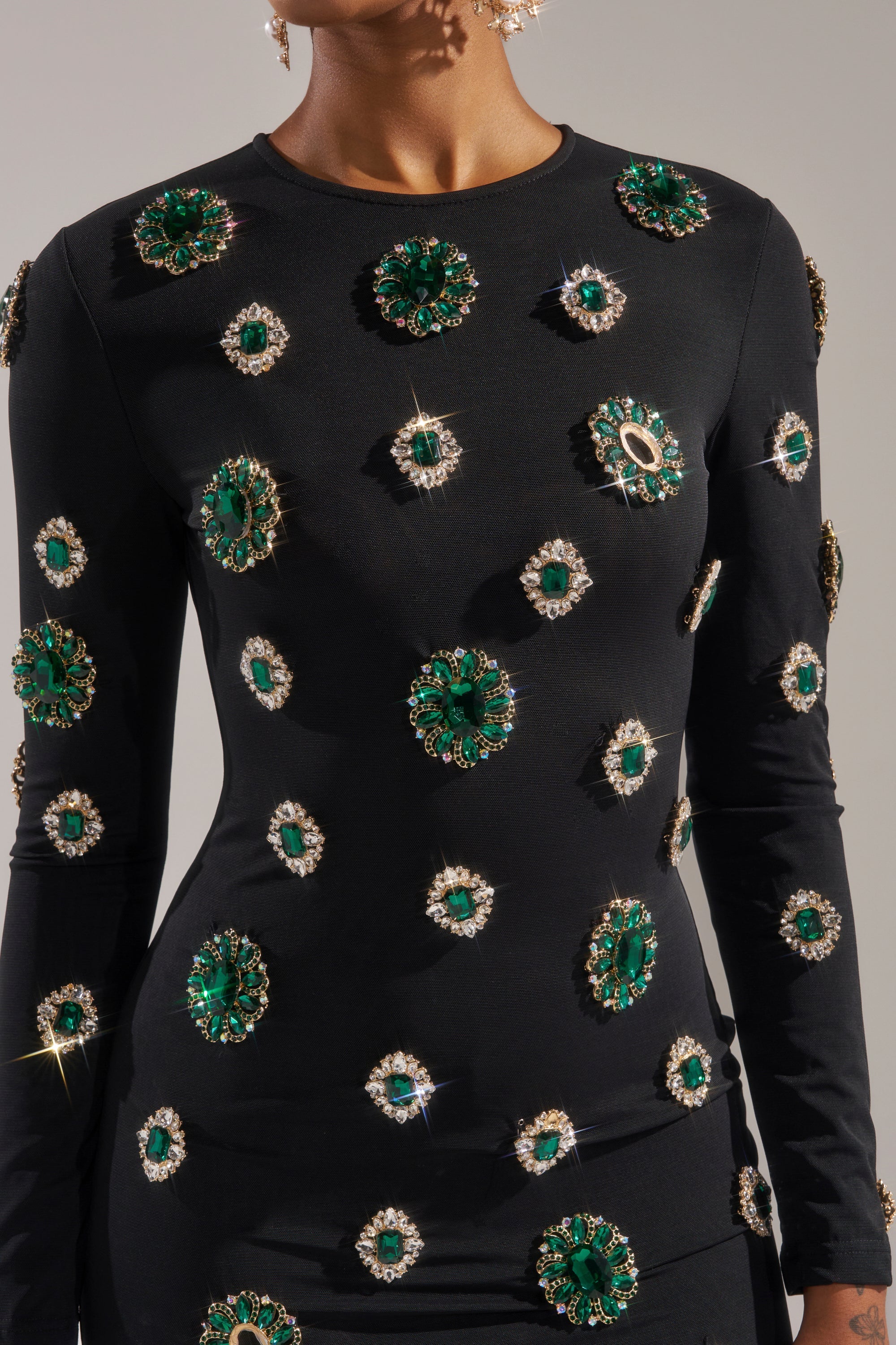 BLING BLING MESH MINI DRESS WITH RHINESTONE EMBELLISHMENTS