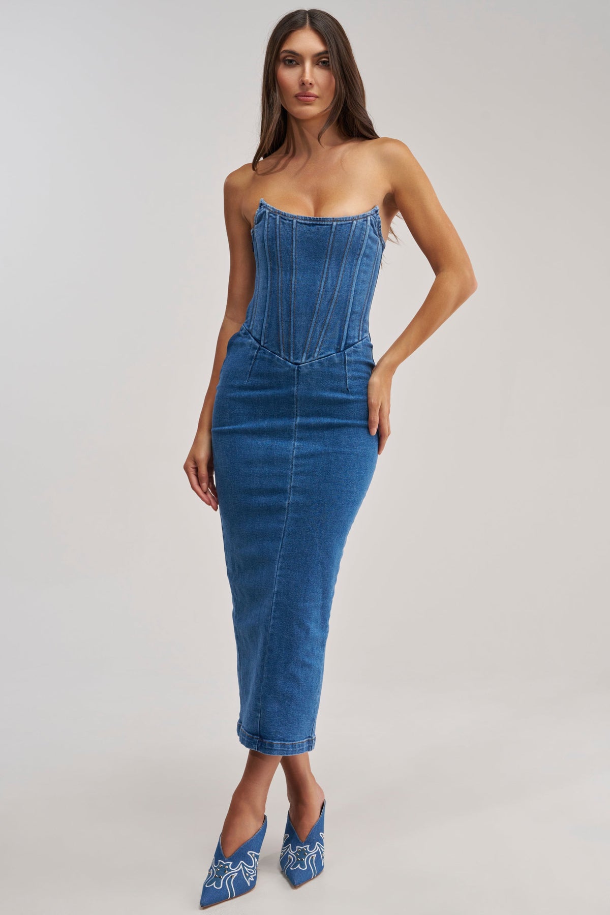 DAYDREAM IN DENIM STRAPLESS MAXI DRESS