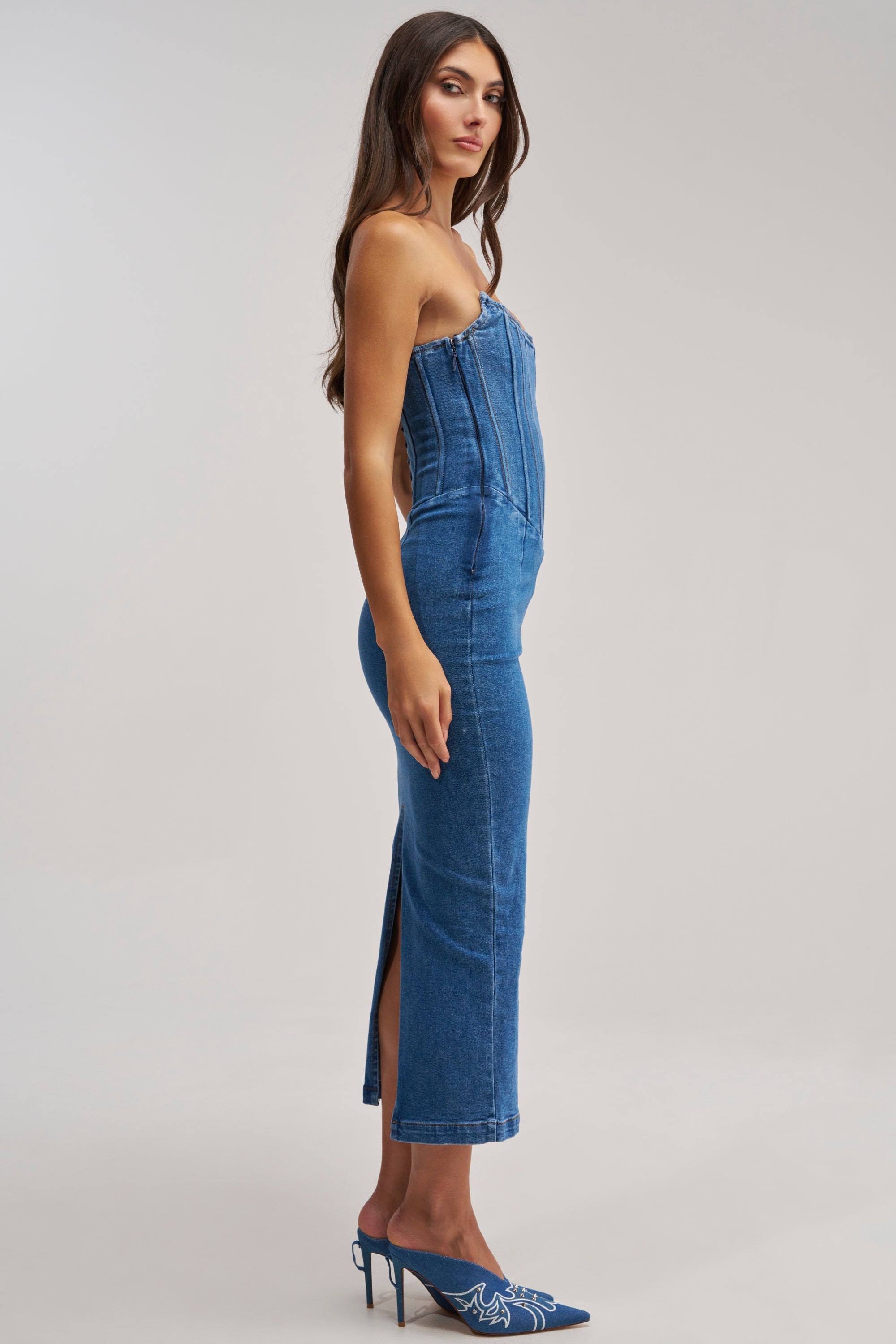 DAYDREAM IN DENIM STRAPLESS MAXI DRESS