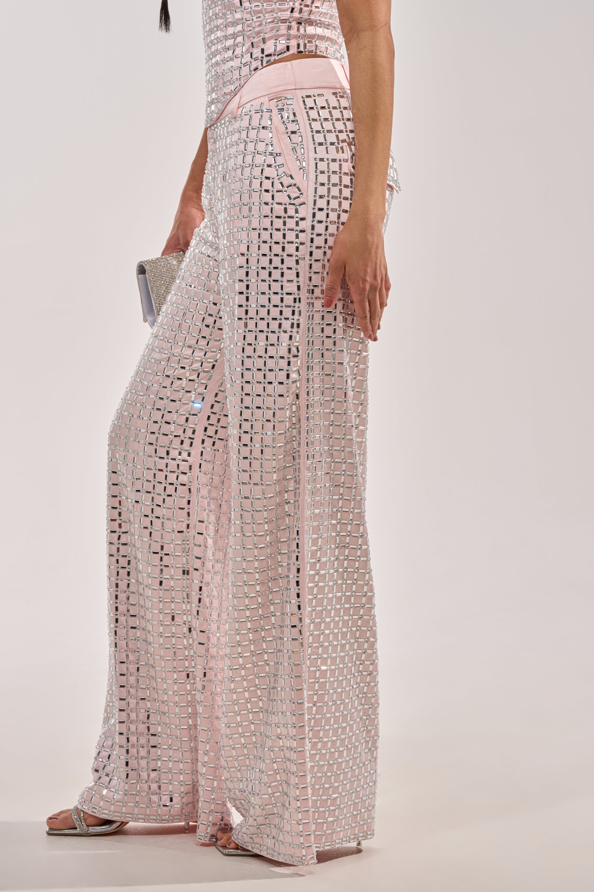 LILA EMBELLISHED SATIN TROUSER IN LIGHT PINK