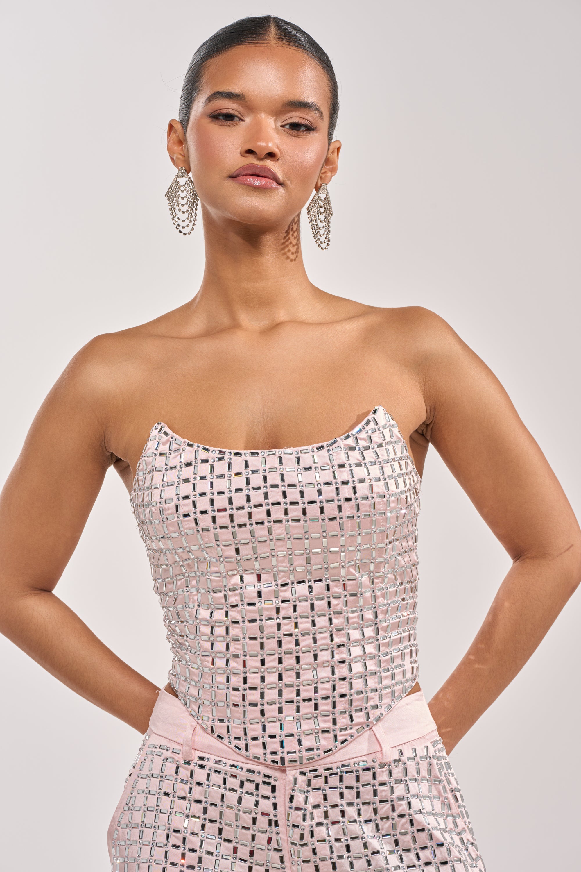 LILA EMBELLISHED SATIN CORSET IN LIGHT PINK