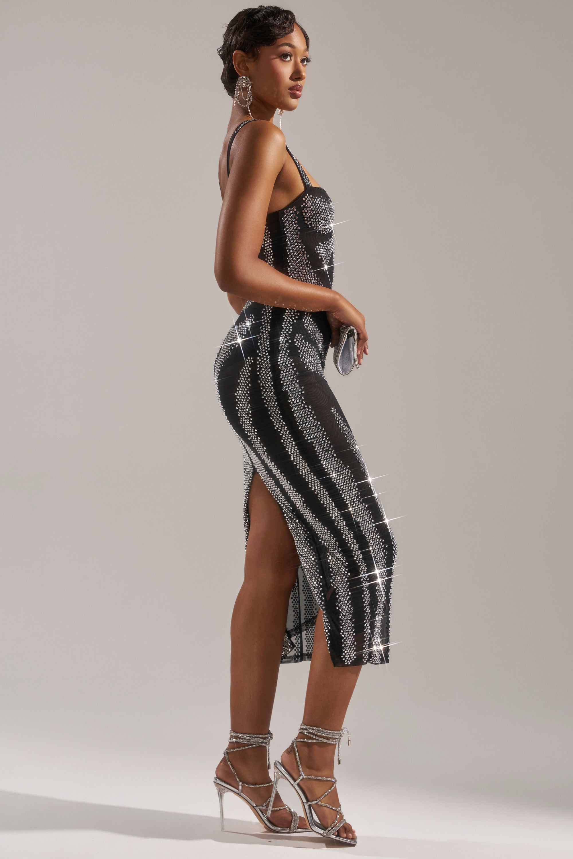 AURA RHINESTONE MESH PRINTED MIDI DRESS