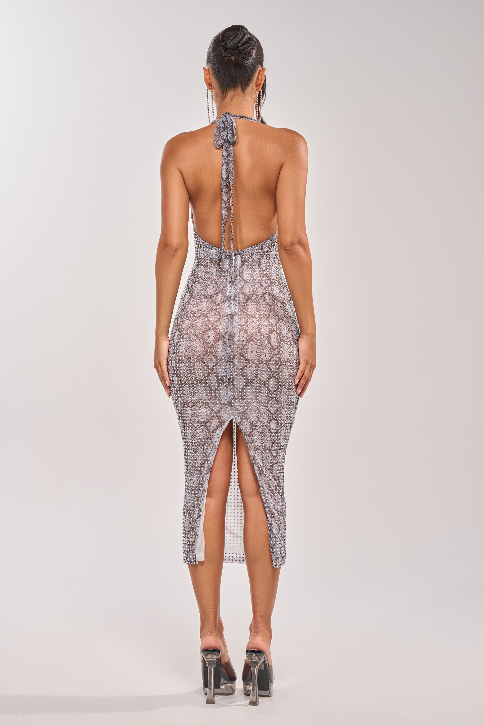 LENNON PRINTED MESH RHINESTONE MIDI DRESS IN PYTHON