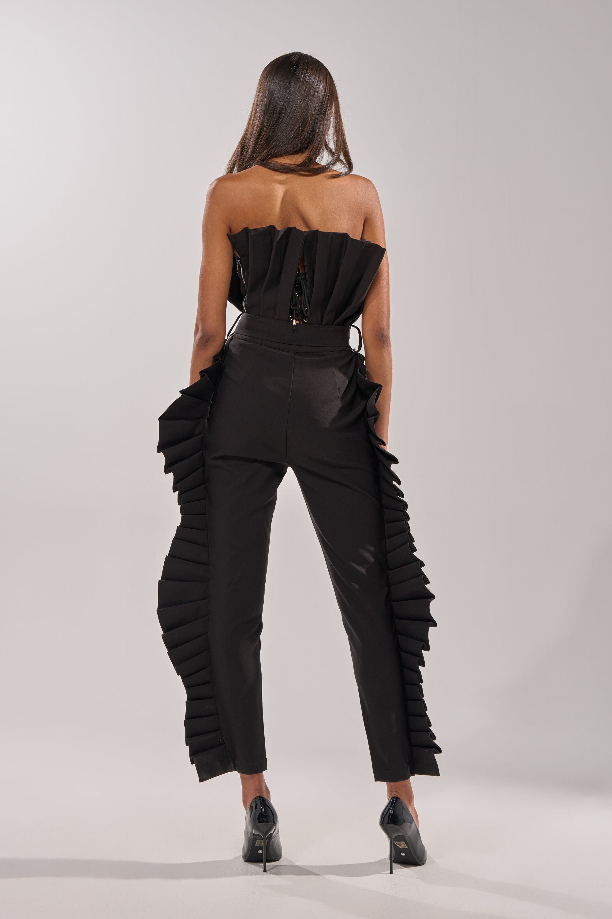RUFFLE MY FEATHERS BLACK JUMPSUIT