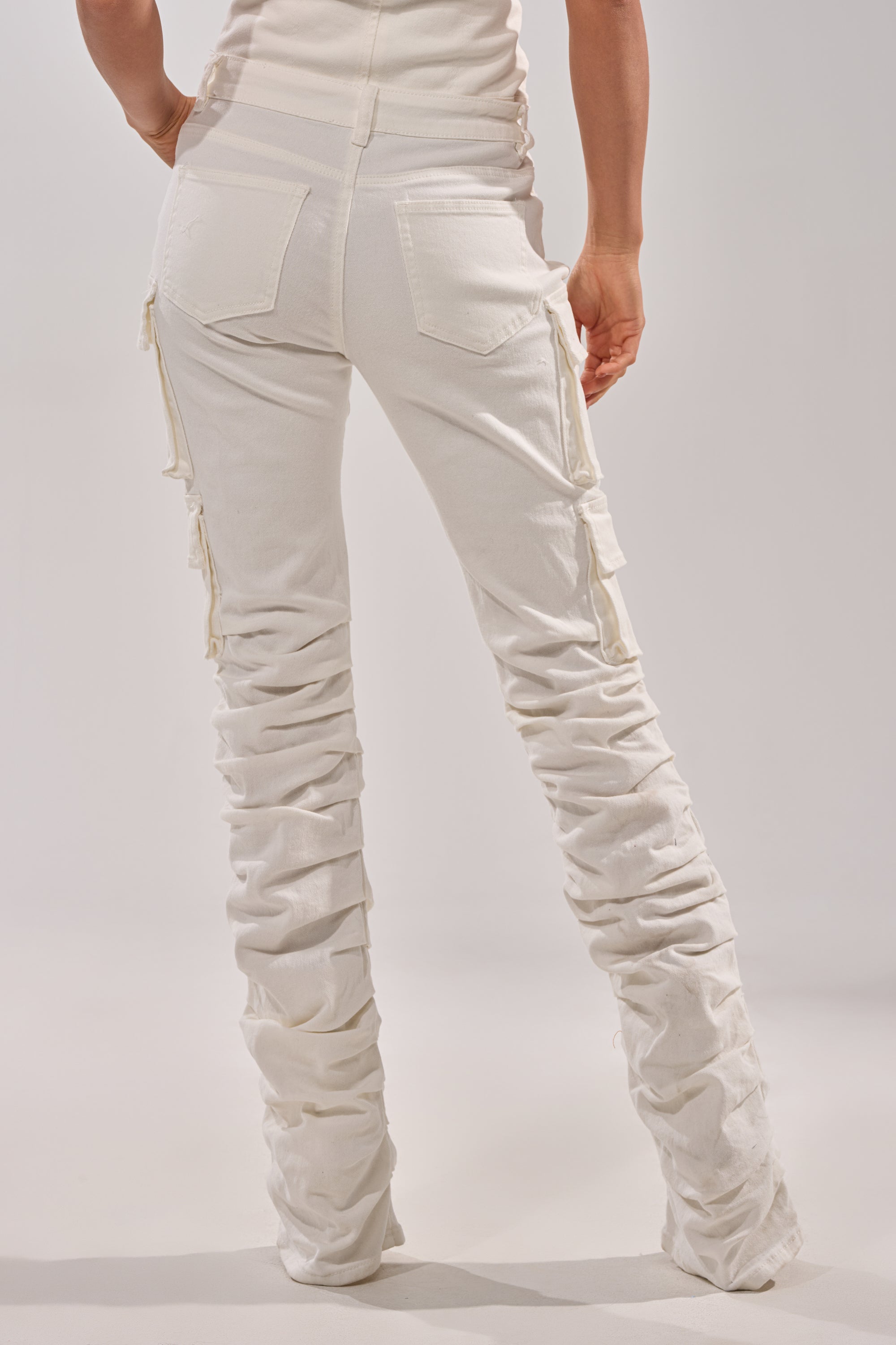 IT GETS EASIER STACKED CARGO PANT IN WHITE