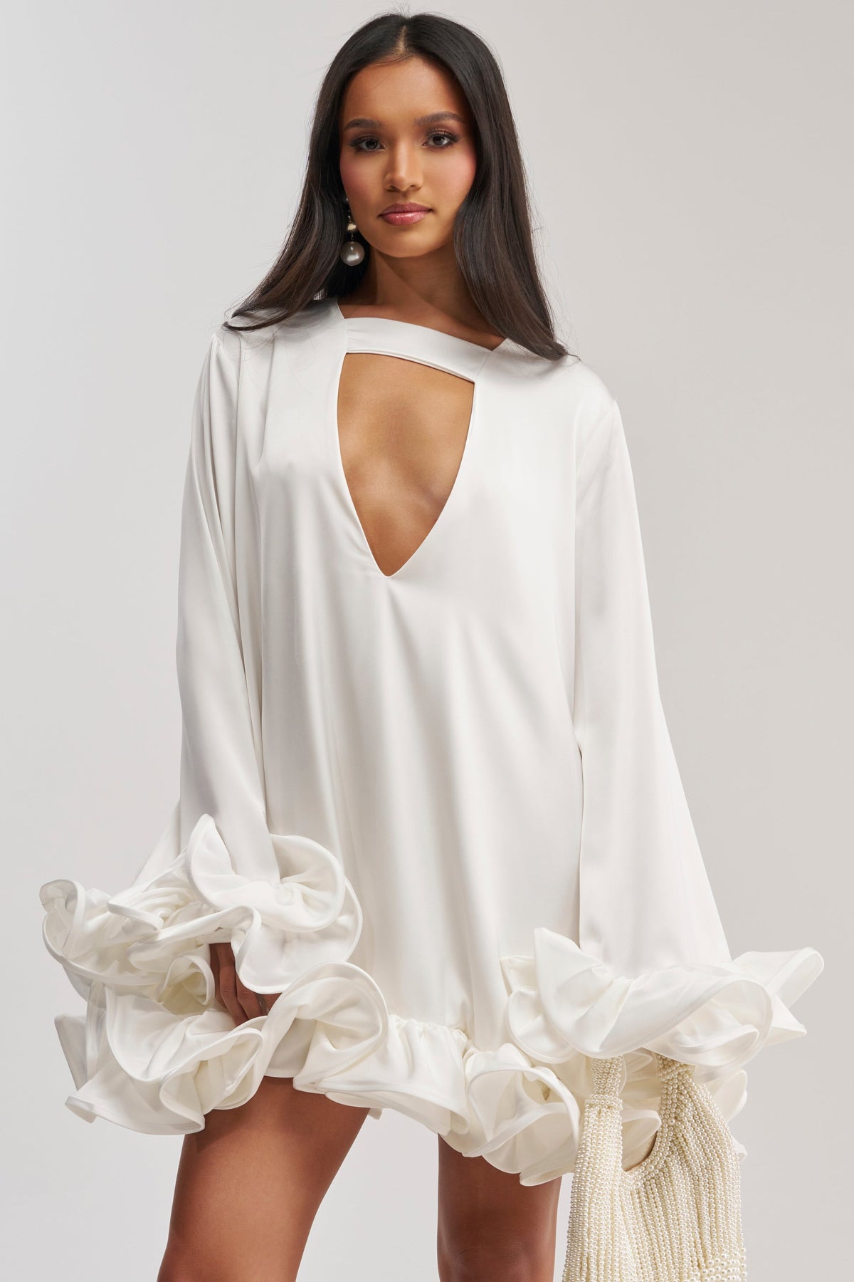 GIRLY GIRL SATIN MINI DRESS IN WHITE
