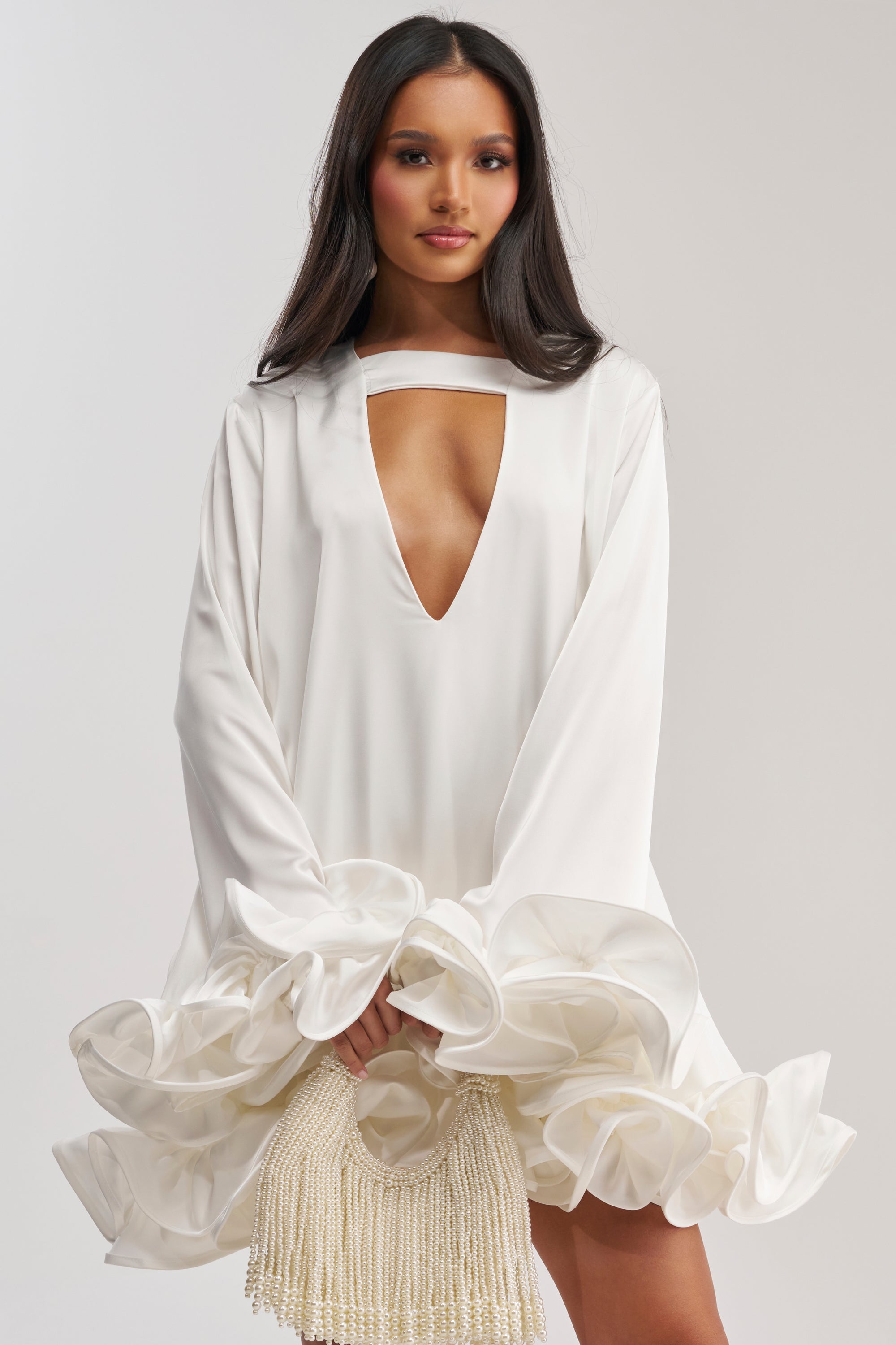 GIRLY GIRL SATIN MINI DRESS IN WHITE