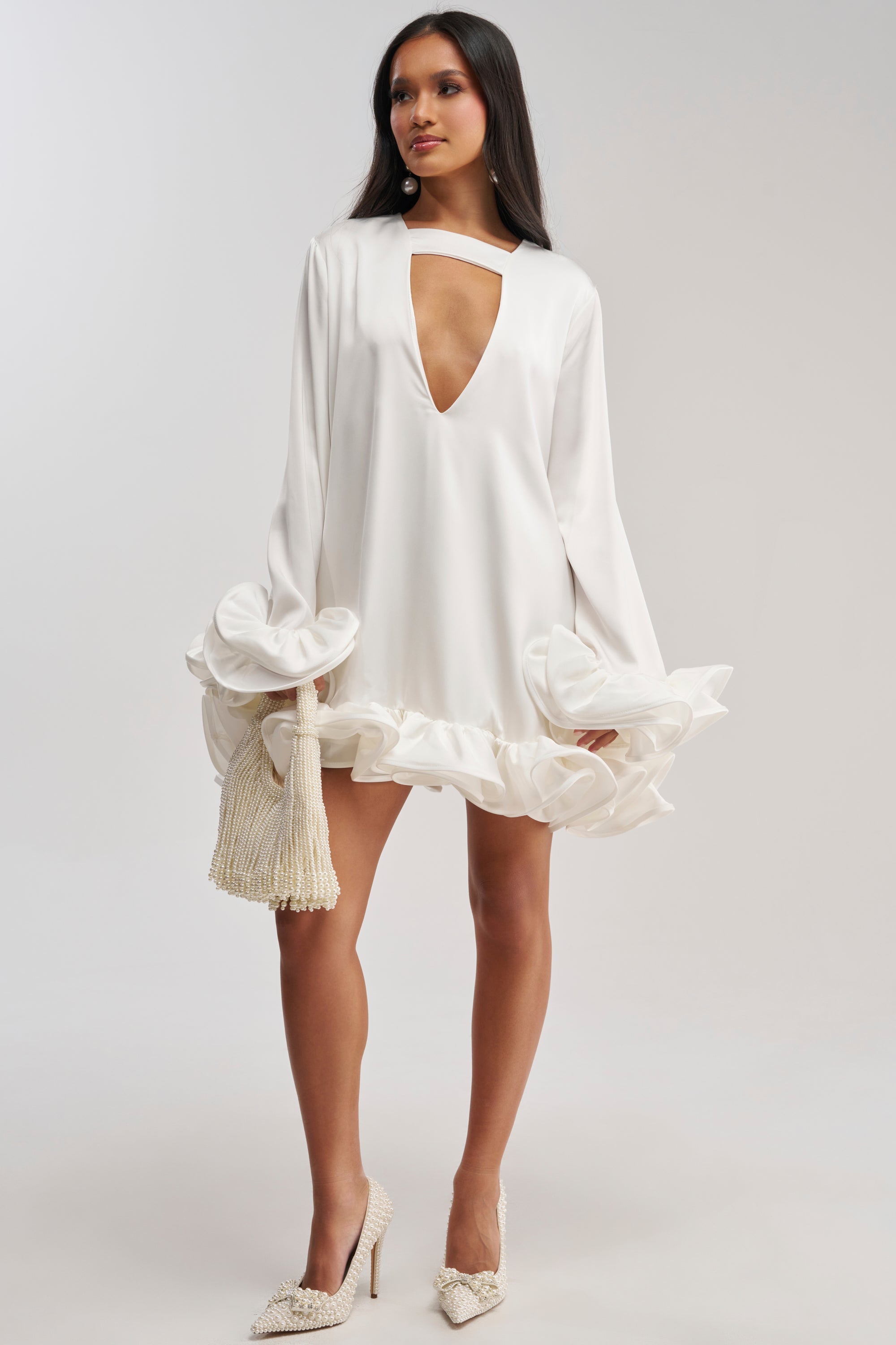 GIRLY GIRL SATIN MINI DRESS IN WHITE