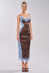 ESSENTIAL LACE TRIM SATIN SLEEVELESS MAXI DRESS IN BROWN