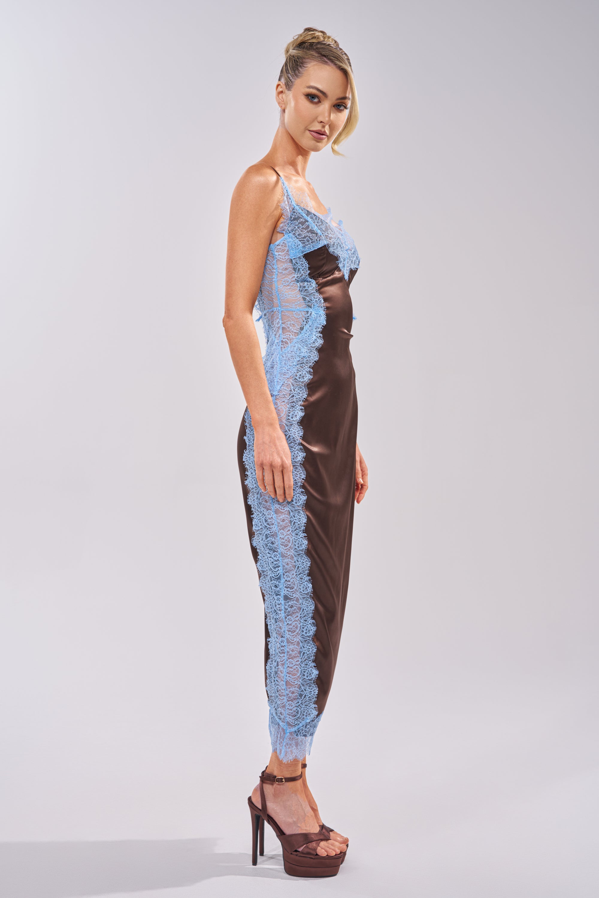 ESSENTIAL LACE TRIM SATIN SLEEVELESS MAXI DRESS IN BROWN