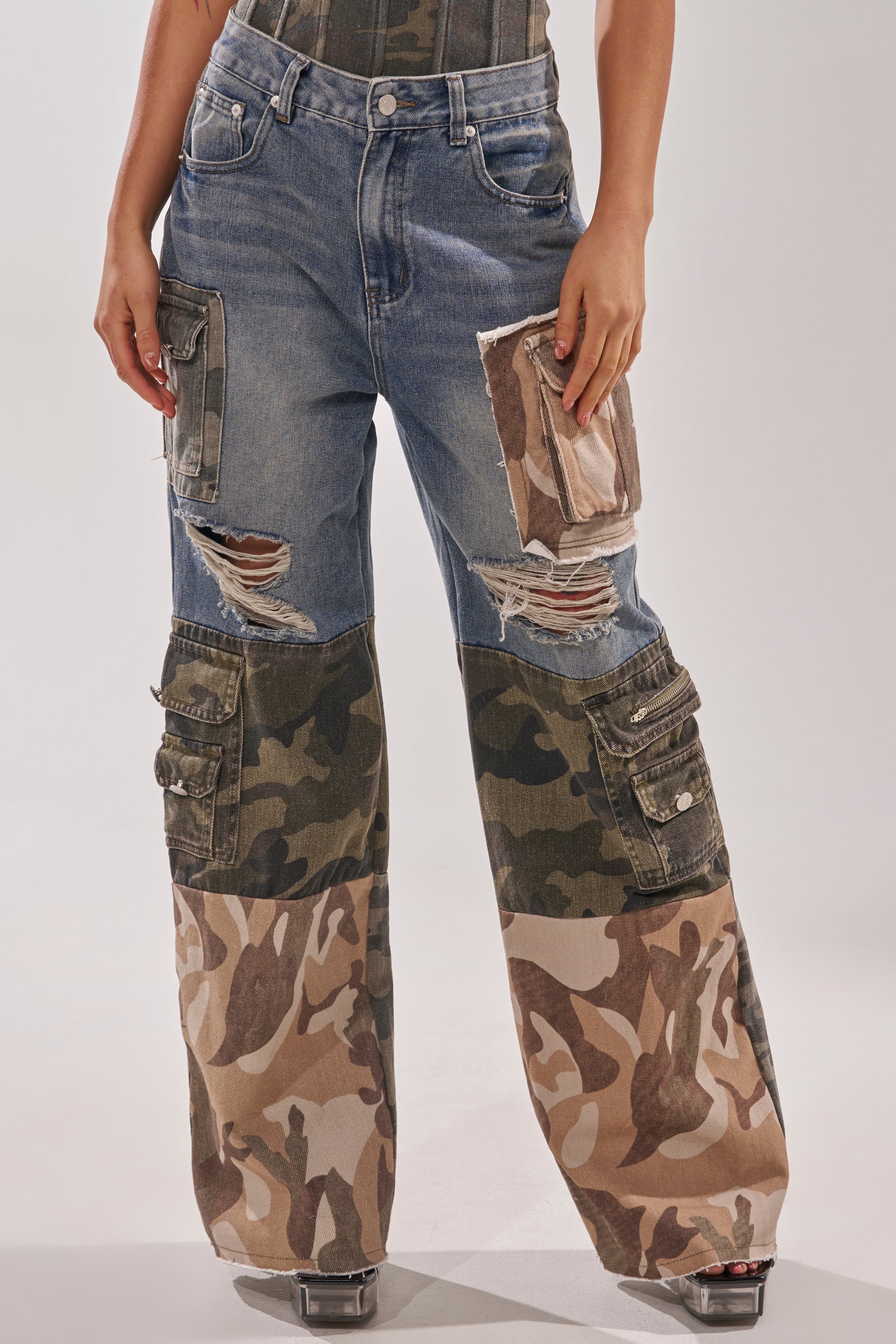 MIXED CAMO DENIM CARGO PANTS