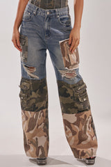 MIXED CAMO DENIM CARGO PANTS