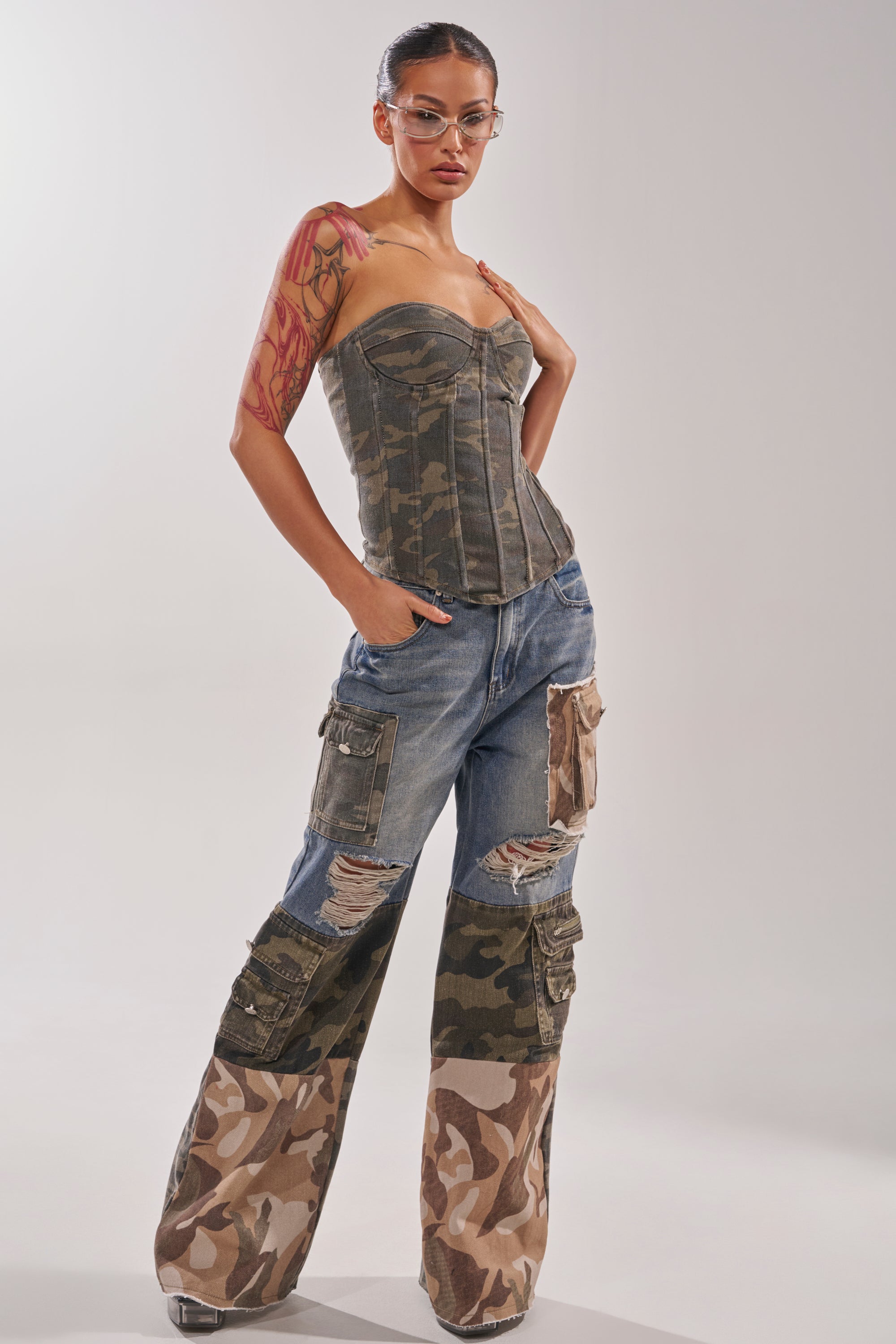 MIXED CAMO DENIM CARGO PANTS