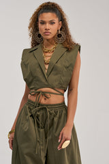 GUESS WHO VNECK COLLARED BLOUSE IN OLIVE