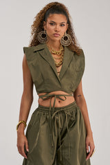 GUESS WHO VNECK COLLARED BLOUSE IN OLIVE