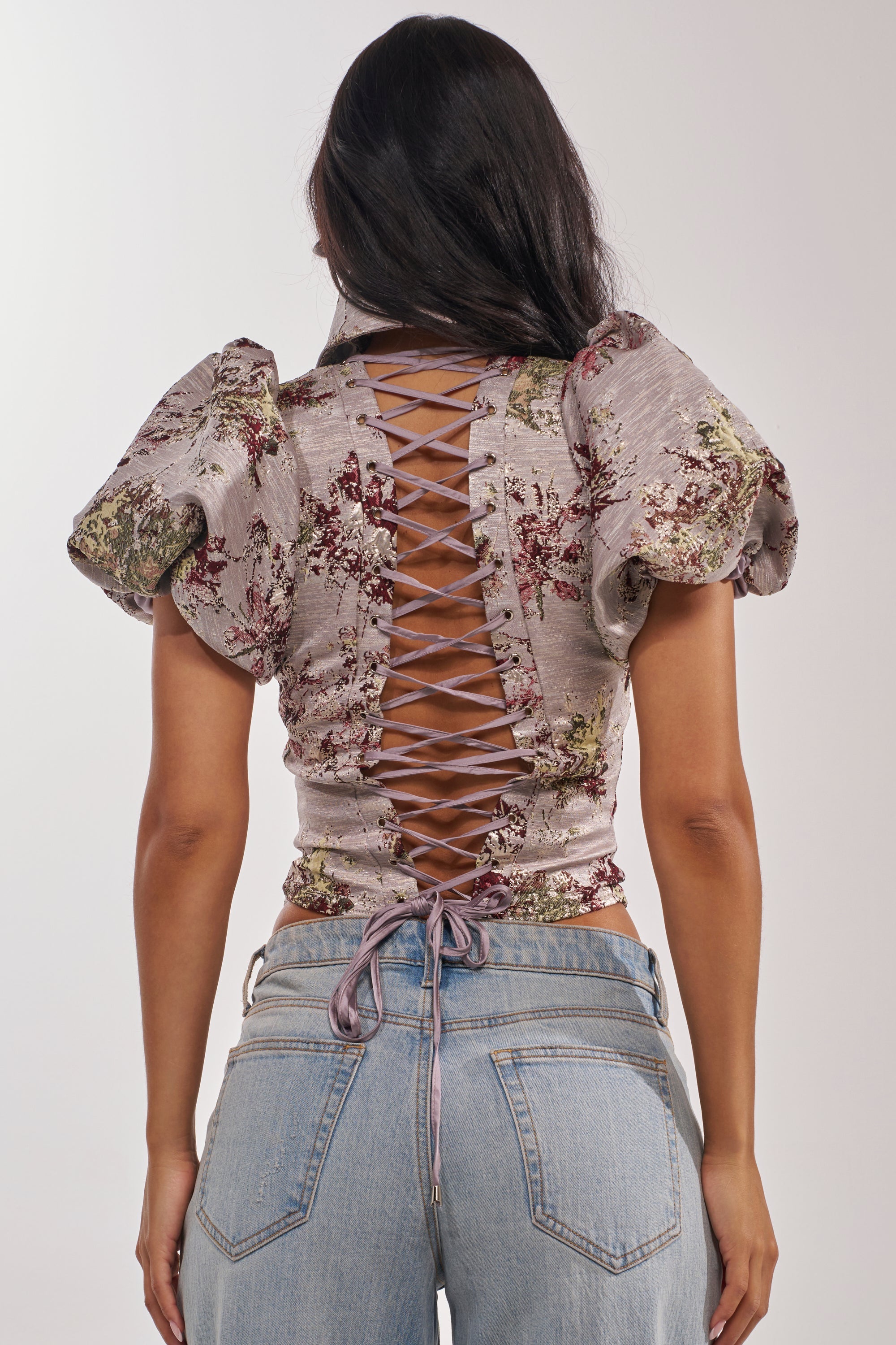 DARLING FLORAL BROCADE PUFF SLEEVE BLOUSE