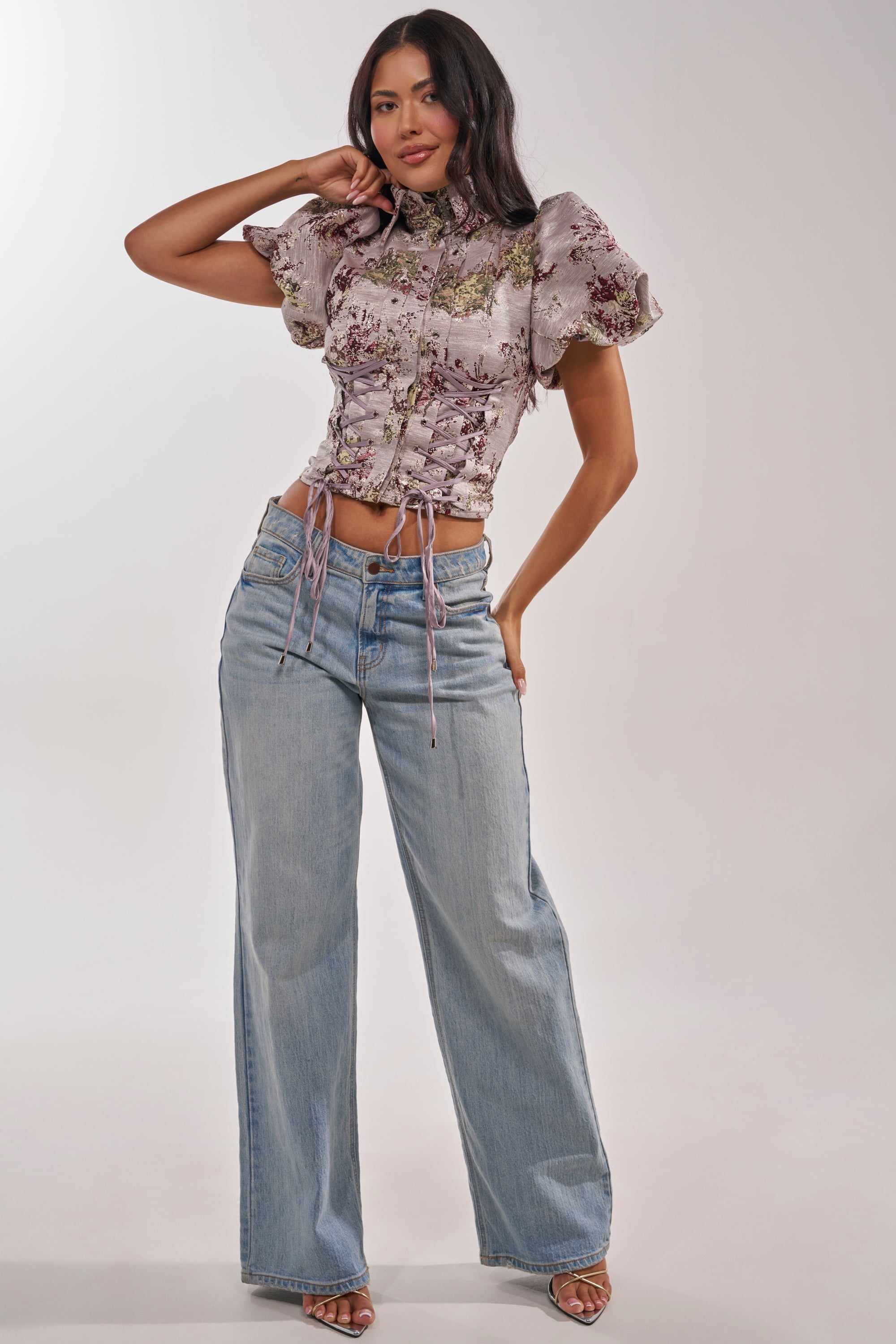 DARLING FLORAL BROCADE PUFF SLEEVE BLOUSE