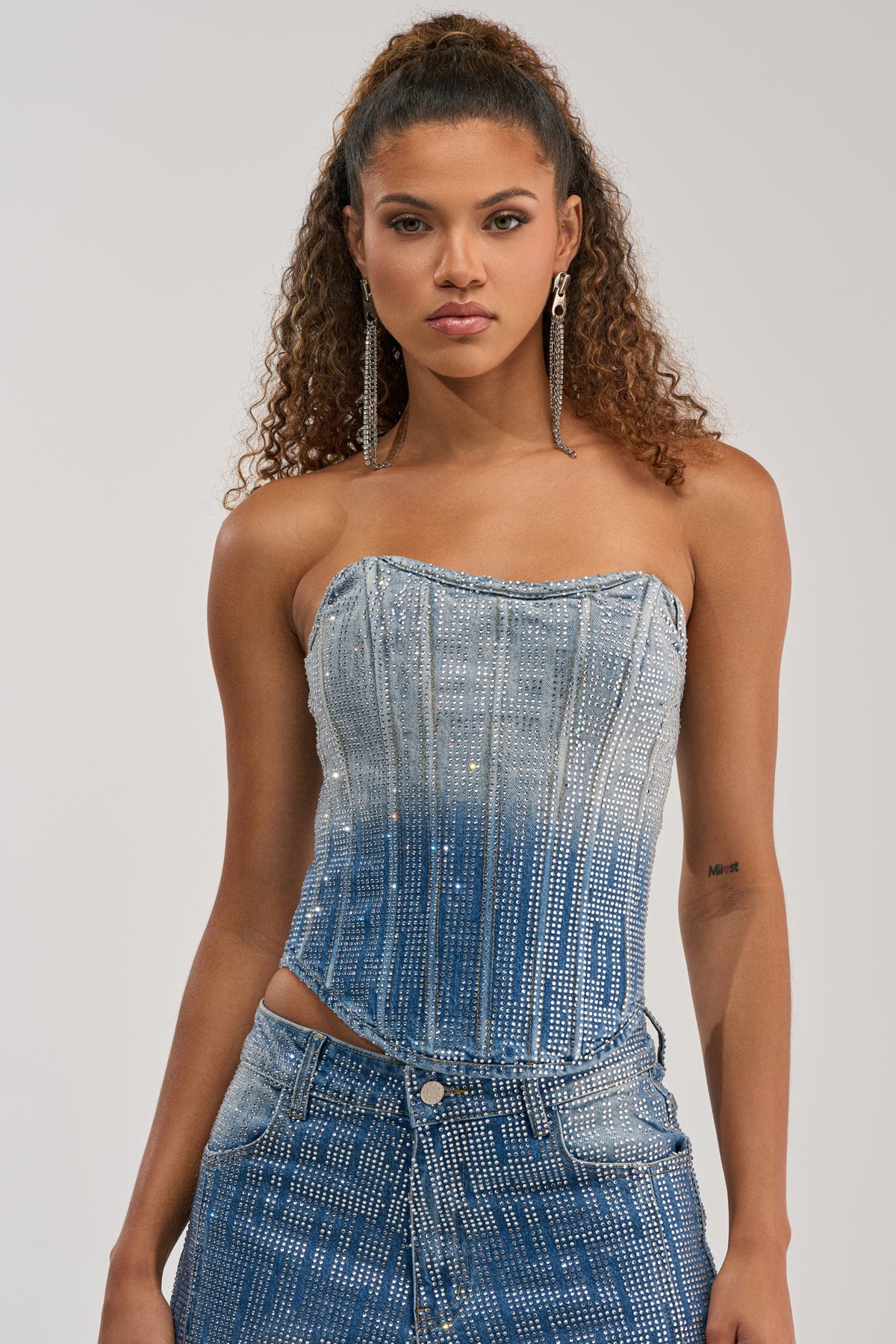 MIND SPINNING EMBELLISHED DENIM CORSET