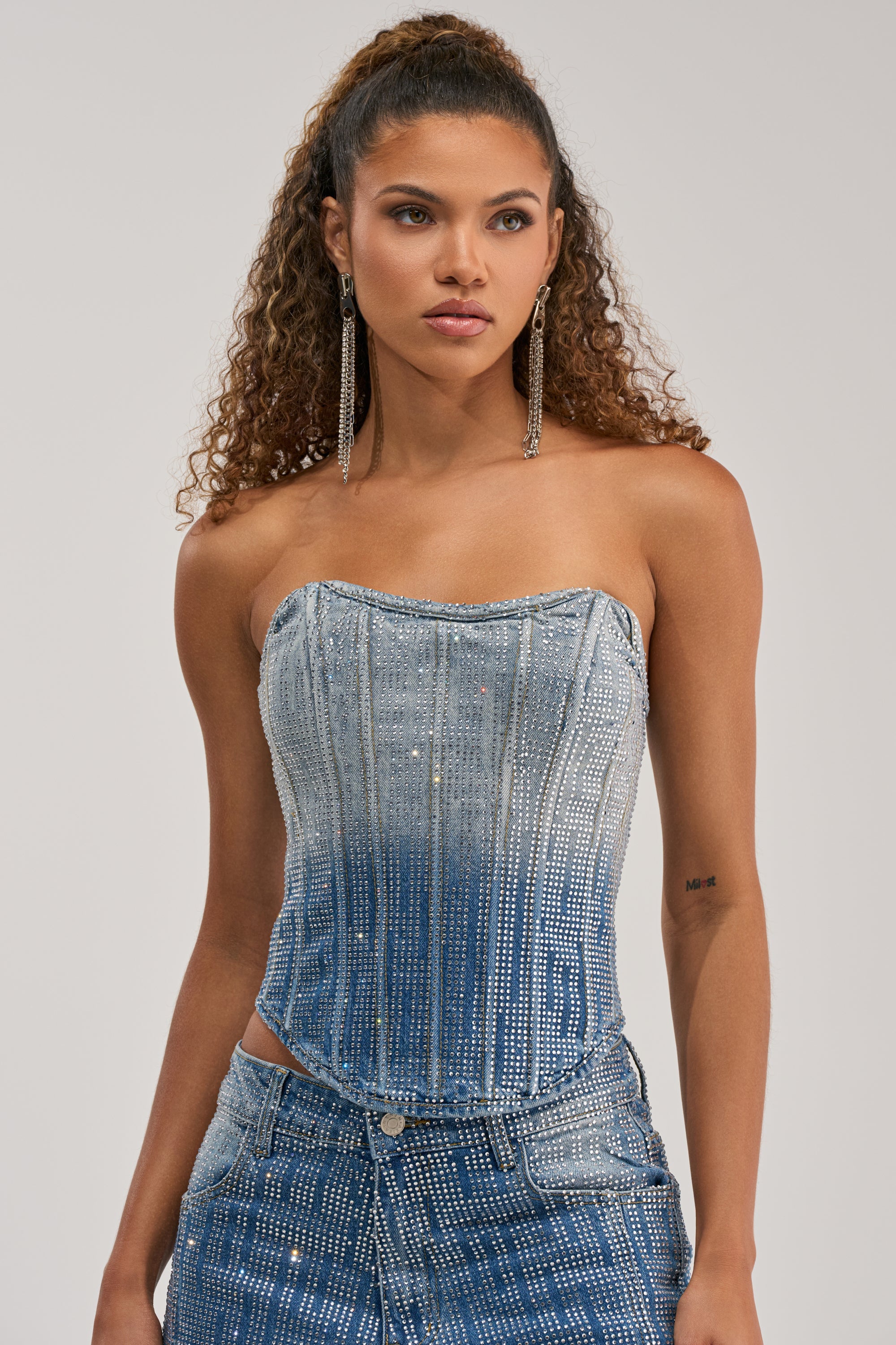 MIND SPINNING EMBELLISHED DENIM CORSET