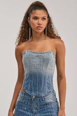 MIND SPINNING EMBELLISHED DENIM CORSET