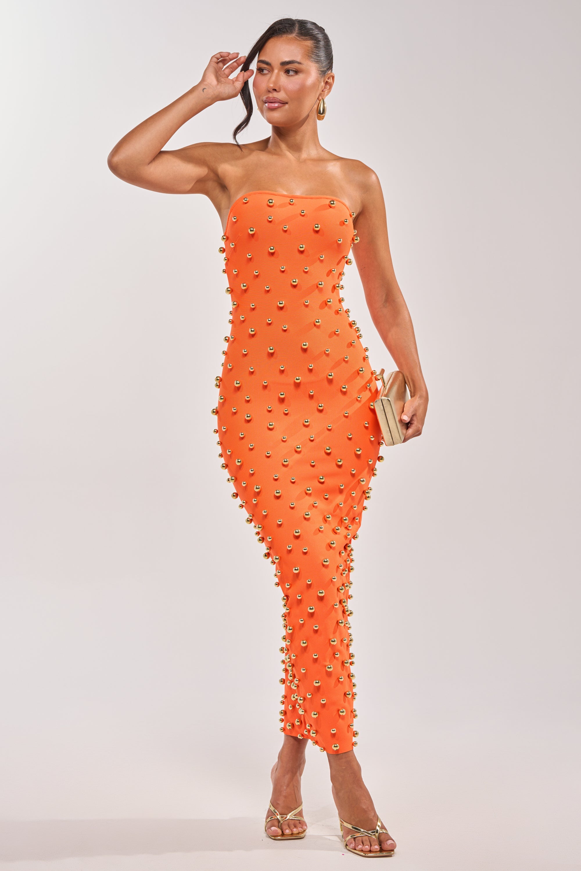 SERVING LOOKS STRAPLESS STUDDED MIDI DRESS