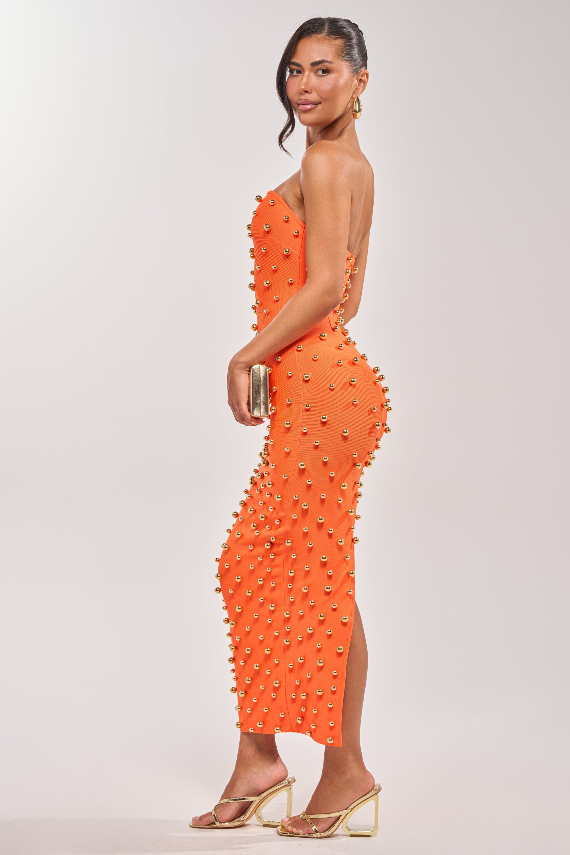 SERVING LOOKS STRAPLESS STUDDED MIDI DRESS