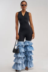 ELEVATED BASICS BODYCON JUMPSUIT WITH RUFFLE DENIM LEG