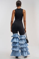 ELEVATED BASICS BODYCON JUMPSUIT WITH RUFFLE DENIM LEG