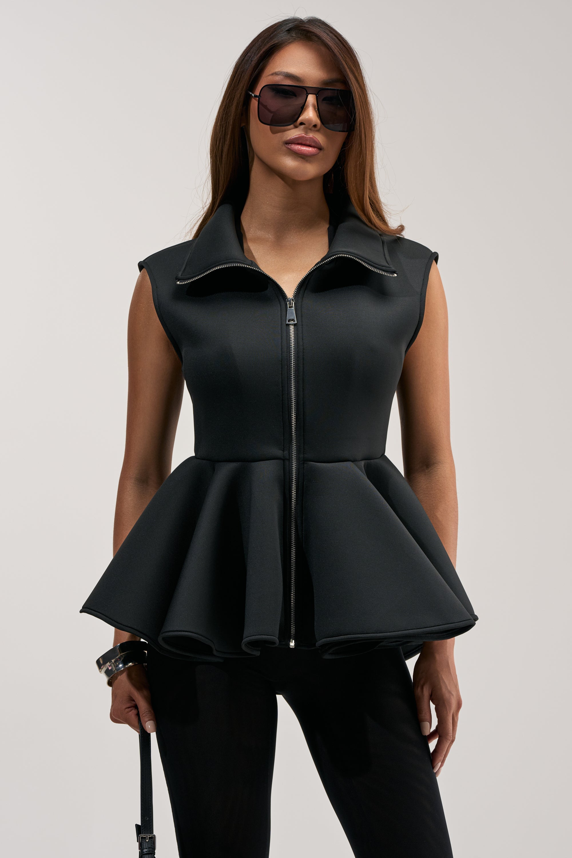 LOTTIE NEOPRENE PEPLUM VEST IN BLACK