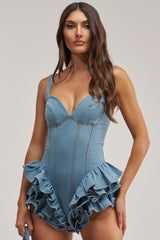 PLAY IT COOL RUFFLE DENIM ROMPER