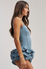 PLAY IT COOL RUFFLE DENIM ROMPER