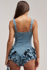 PLAY IT COOL RUFFLE DENIM ROMPER
