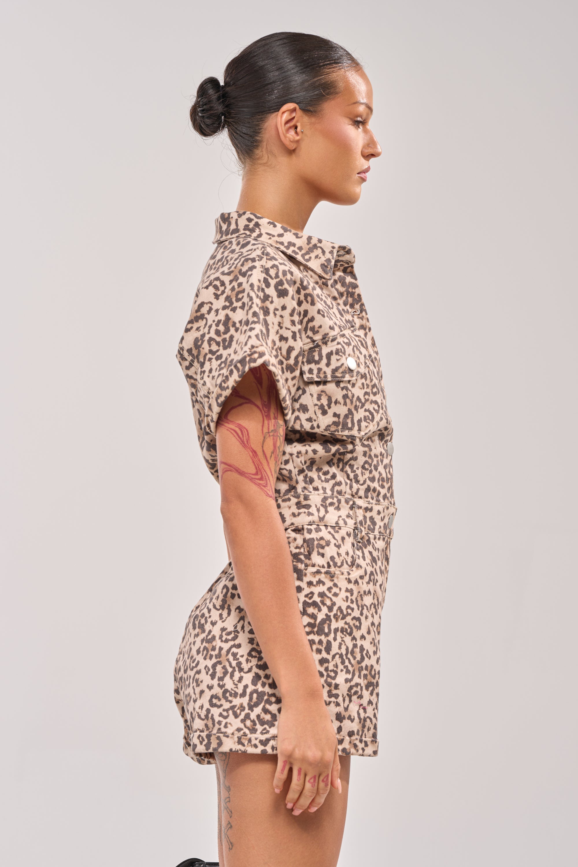 SHADES ON DENIM ROMPER IN LEOPARD