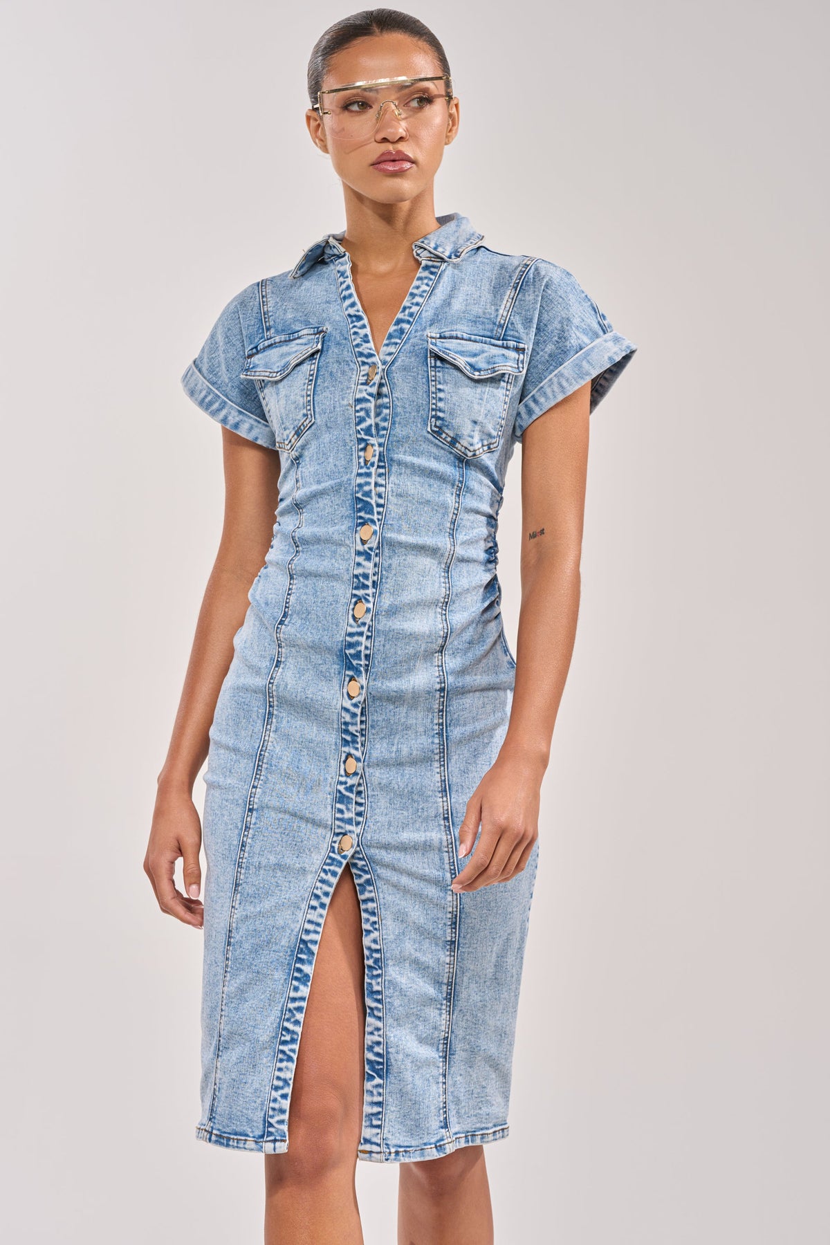 LITTLE DENIM MIDI DRESS IN LIGHT BLUE