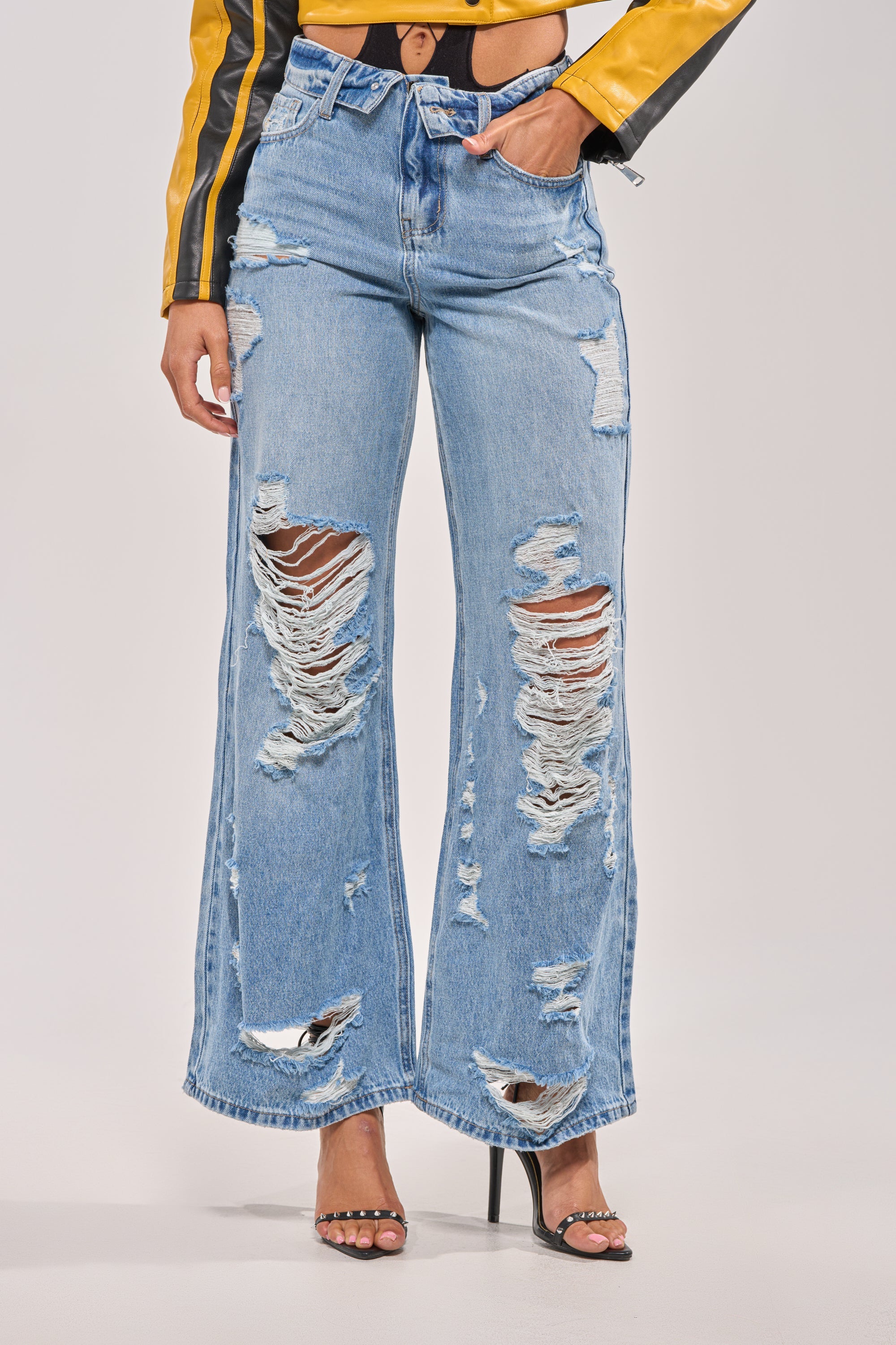 SOMETHING NEW FOLD OVER WAISTBAND DISTRESSED DENIM