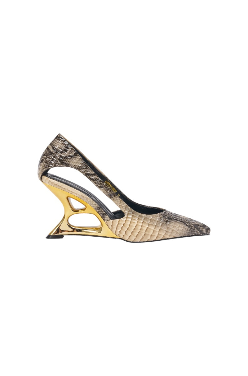 AKIRA GOLD ABYSSICA SNAKE PRINT GOLD WEDGE HEEL PUMP